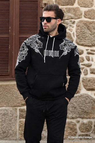 Siyah Kapüşonlu Cep Detaylı Baskılı Erkek Sweatshirt 7052