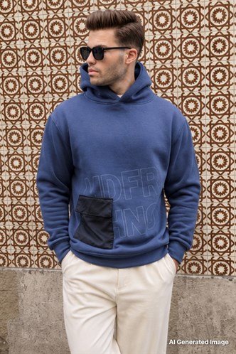 Lacivert Baskılı Kapüşonlu Sweatshirt 6148