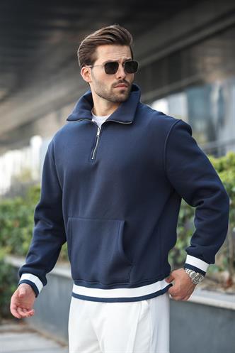 Lacivert Fermuarlı Dik Yaka Kanguru Cep Erkek Sweatshirt E7159