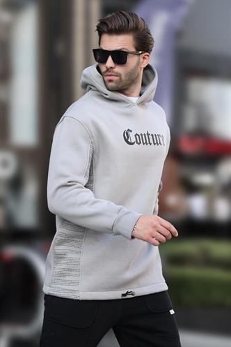 Boyalı Gri Kapüşonlu Baskılı Erkek Sweatshirt 7090