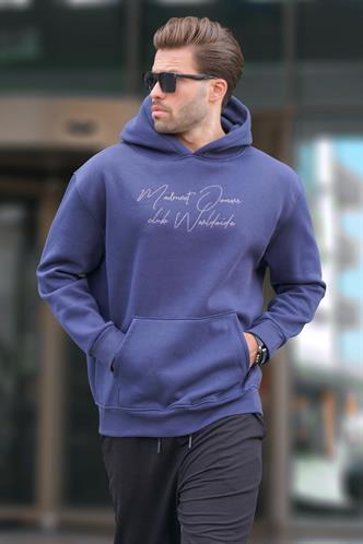 Lacivert Kapüşonlu Cep Detaylı Baskılı Erkek Sweatshirt 7064