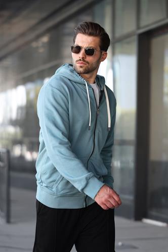 Soluk Mavi Fermuarlı Kapüşonlu Sweatshirt 6161