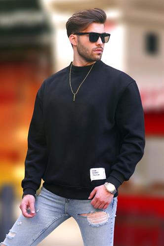 Siyah Bisiklet Yaka Oversize Şardonlu Arma Detaylı Erkek Sweatshirt 7043