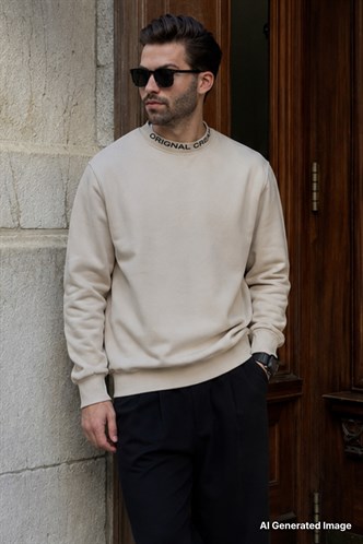 Bej Bisiklet Yaka Şardonlu Erkek Sweatshirt 7047