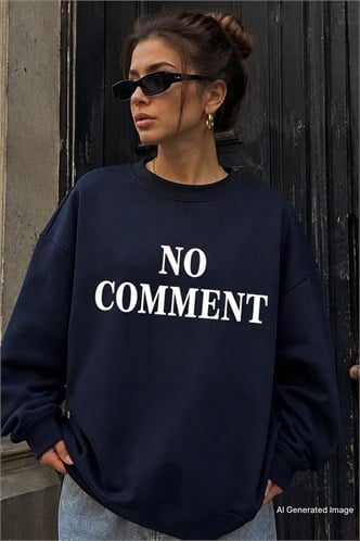Lacivert Bisiklet Yaka Baskılı Oversize Kadın Sweatshirt MG1902