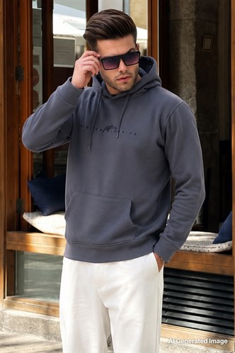 Füme Kapüşonlu Basic Sweatshirt 6014