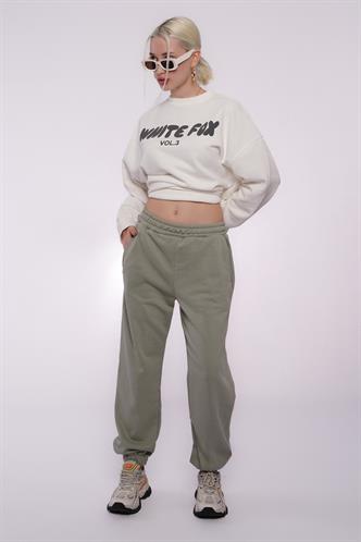 Ekru Bisiklet Yaka Baskılı Sweatshirt MG1904
