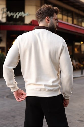 Bej Şerit Detaylı Polo Yaka Erkek Sweatshirt E7212  