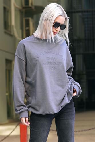 Füme Bisiklet Yaka Baskılı Sweatshirt MG1924