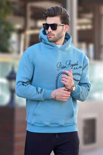 Mavi Baskılı Kapşonlu Cep Detaylı Erkek Sweatshirt 7067