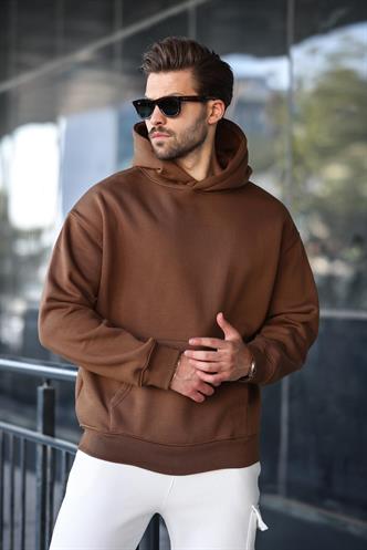 Kahverengi Kapüşonlu Kanguru Cep Erkek Sweatshirt E7169