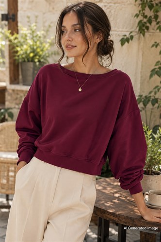 Bordo Kayık Yaka Kadın Sweatshirt MG2208