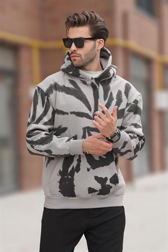 Boyalı Gri Kapüşonlu Cep Detaylı Baskılı Erkek Sweatshirt 7087