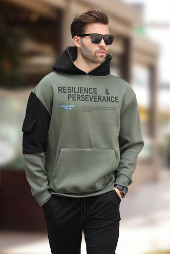 Haki Kapüşonlu Cep Detaylı Baskılı Erkek Sweatshirt 7058