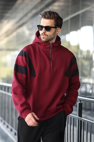 Bordo Fermuarlı Yaka Kapüşonlu Erkek Sweatshirt E7161