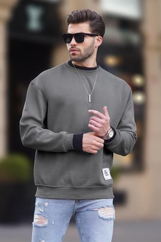 Füme Bisiklet Yaka Oversize Şardonlu Arma Detaylı Erkek Sweatshirt 7043