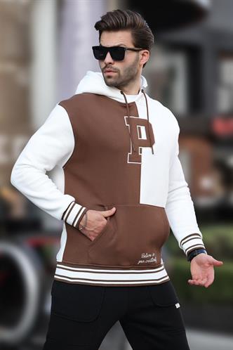 Ekru Renk Bloklu Kapüşonlu Baskılı Erkek Sweatshirt 7078