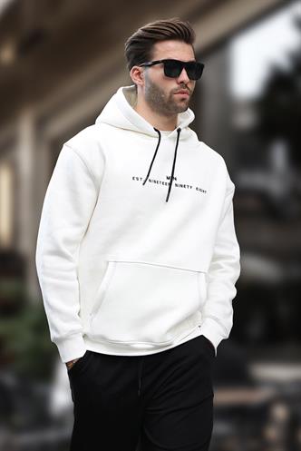 Ekru Kapüşonlu Nakış Detaylı Cepli Erkek Sweatshirt 7066
