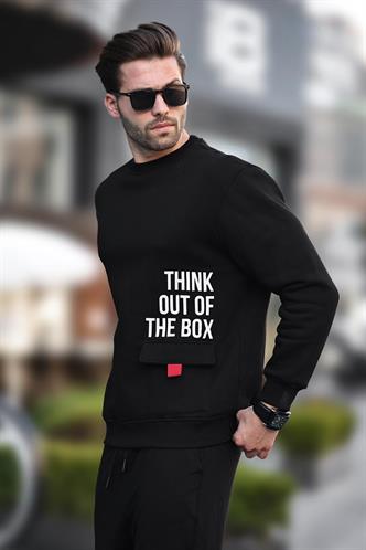 Siyah Bisiklet Yaka Şardonlu Cep Detaylı Baskılı Erkek Sweatshirt 7061