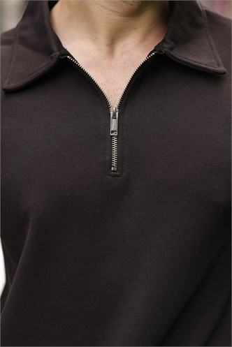 Acı Kahve Yarım Fermuarlı Polo Yaka Dokulu Erkek Sweatshırt E7197