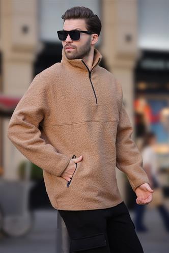 Bej Dik Yaka Yarım Fermuarlı Buklet Sweatshirt 7084