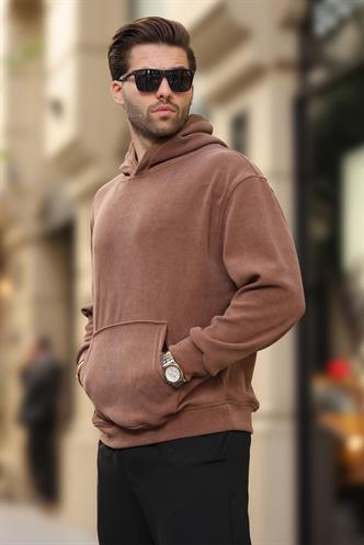 Kahverengi Kapüşonlu Cep Detaylı Dokulu Sweatshirt E7101