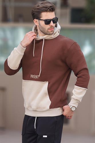 Acı Kahverengi Kapüşonlu Baskılı Cep Detaylı Erkek Sweatshirt 7083