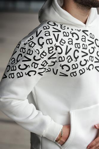 Ekru Baskılı Kapüşonlu Erkek Sweatshirt E7160