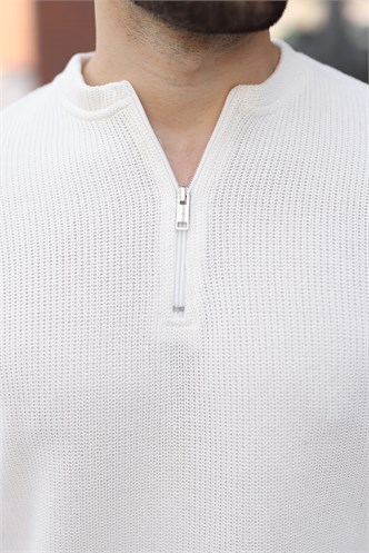 Ekru Bisiklet Yaka Fermuar Detaylı Erkek Triko Sweatshirt E7209