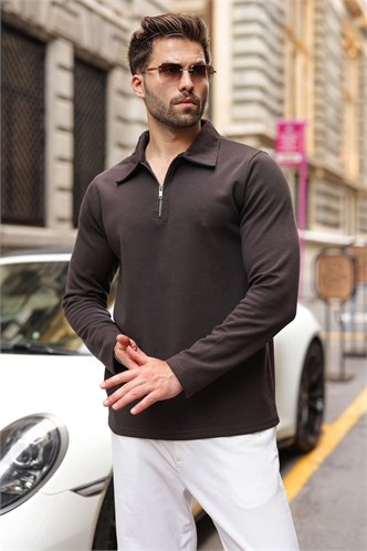 Acı Kahve Yarım Fermuarlı Polo Yaka Dokulu Erkek Sweatshırt E7197