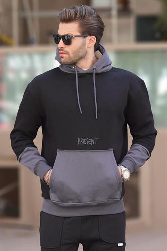 Siyah Kapüşonlu Baskılı Cep Detaylı Erkek Sweatshirt 7083
