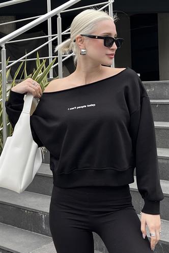 Siyah Kayık Yaka Baskılı Kadın Sweatshirt MG2205
