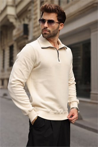Bej Dik Yaka Yarım Fermuarlı Erkek Sweatshirt E7211
