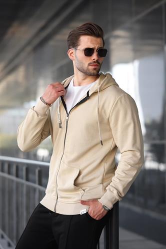 Bej Fermuarlı Kapüşonlu Sweatshirt 6161