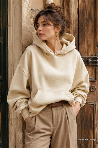 Bej Kapüşonlu Oversize Cepli Sweatshirt MG2207