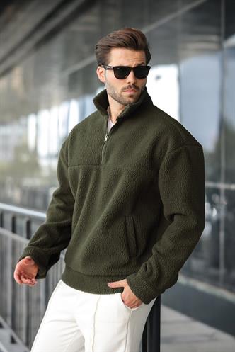 Haki Yarım Fermuarlı Dik Yaka Polar Sweatshirt E7165