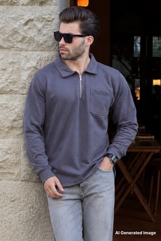 Füme Polo Yaka Fermuarlı Uzun Kollu Erkek Sweatshirt 7057