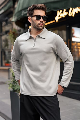 Boyalı Gri Yarım Fermuarlı Polo Yaka Dokulu Erkek Sweatshırt E7197