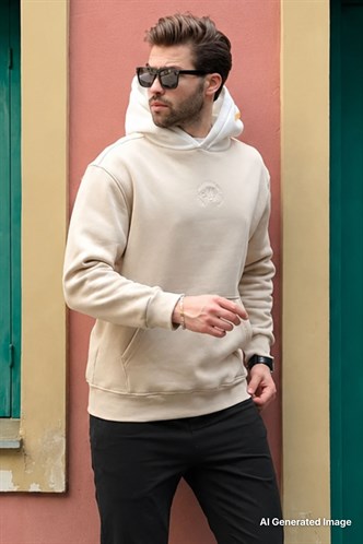 Bej Kapüşonlu Renk Bloklu Nakış Detaylı Erkek Sweatshirt 7088