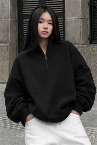 Siyah Fermuar Detaylı Oversize Sweatshirt MG1933