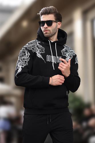 Siyah Kapüşonlu Cep Detaylı Baskılı Erkek Sweatshirt 7052