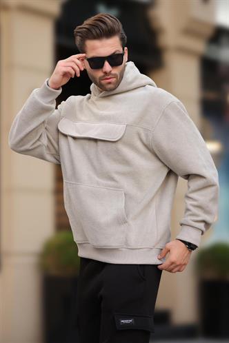Boyalı Gri Kapüşonlu Kapaklı Cep Detaylı Polar Erkek Sweatshirt 7097