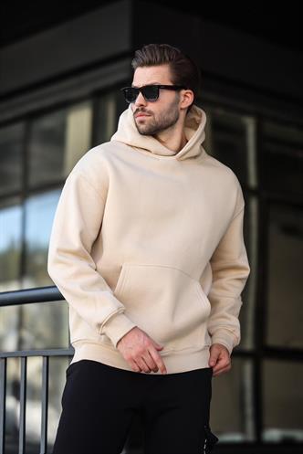 Bej Kapüşonlu Kanguru Cep Erkek Sweatshirt E7169