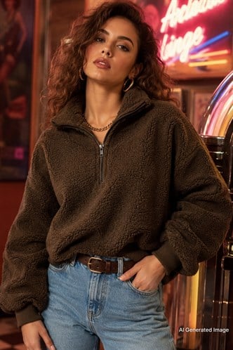 Haki Peluş Fermuar Yaka Sweatshirt MG1413