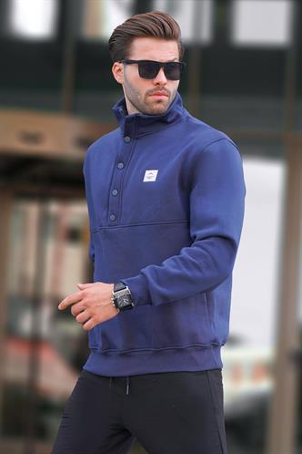 Lacivert Dik Yakalı Düğme Detaylı Erkek Sweatshirt 7060