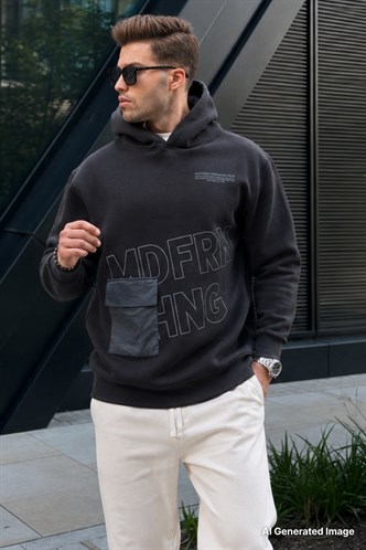 Siyah Baskılı Kapüşonlu Sweatshirt 6148