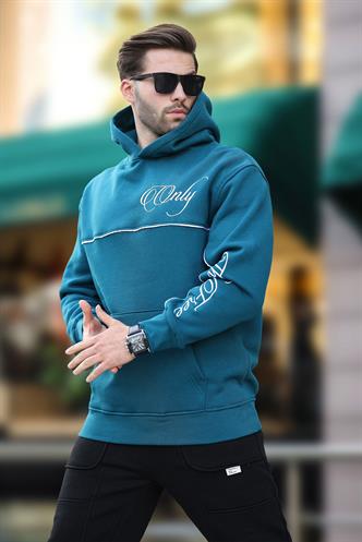 Petrol Mavisi Kapüşonlu Şerit Detaylı Baskılı Erkek Sweatshirt 7091