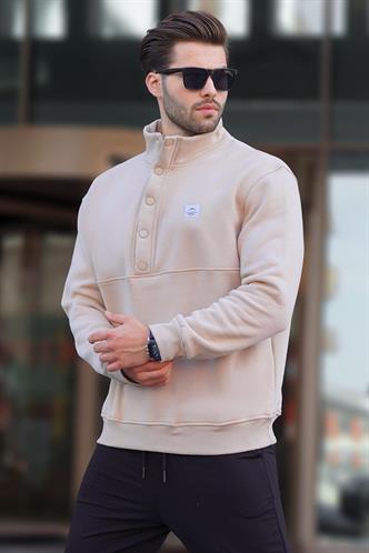 Bej Dik Yakalı Düğme Detaylı Erkek Sweatshirt 7060