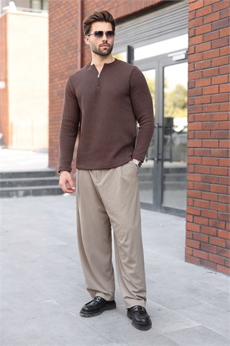 Kahverengi Bisiklet Yaka Fermuar Detaylı Erkek Triko Sweatshirt E7209