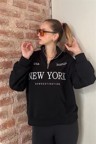 Siyah Yarım Fermuarlı Baskılı Sweatshirt MG2212